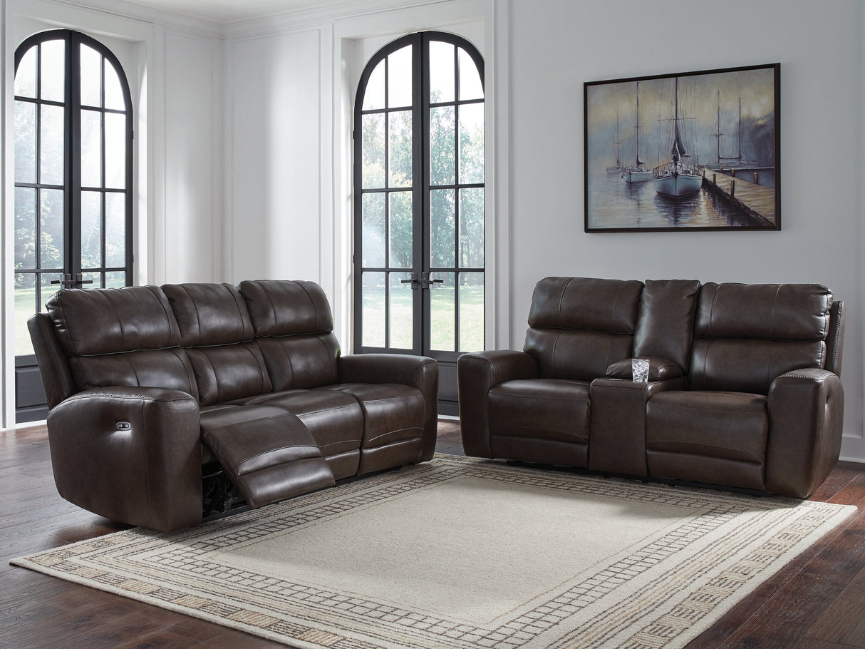 Crossplex Smoke Power Reclining Sofa and Loveseat by Ashley at Eve Furniture