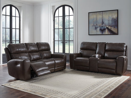 Crossplex Smoke Power Reclining Sofa and Loveseat by Ashley at Eve Furniture