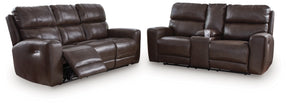 Crossplex Smoke Power Reclining Sofa and Loveseat by Ashley at Eve Furniture