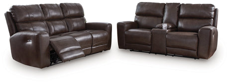 Crossplex Smoke Power Reclining Sofa and Loveseat by Ashley at Eve Furniture
