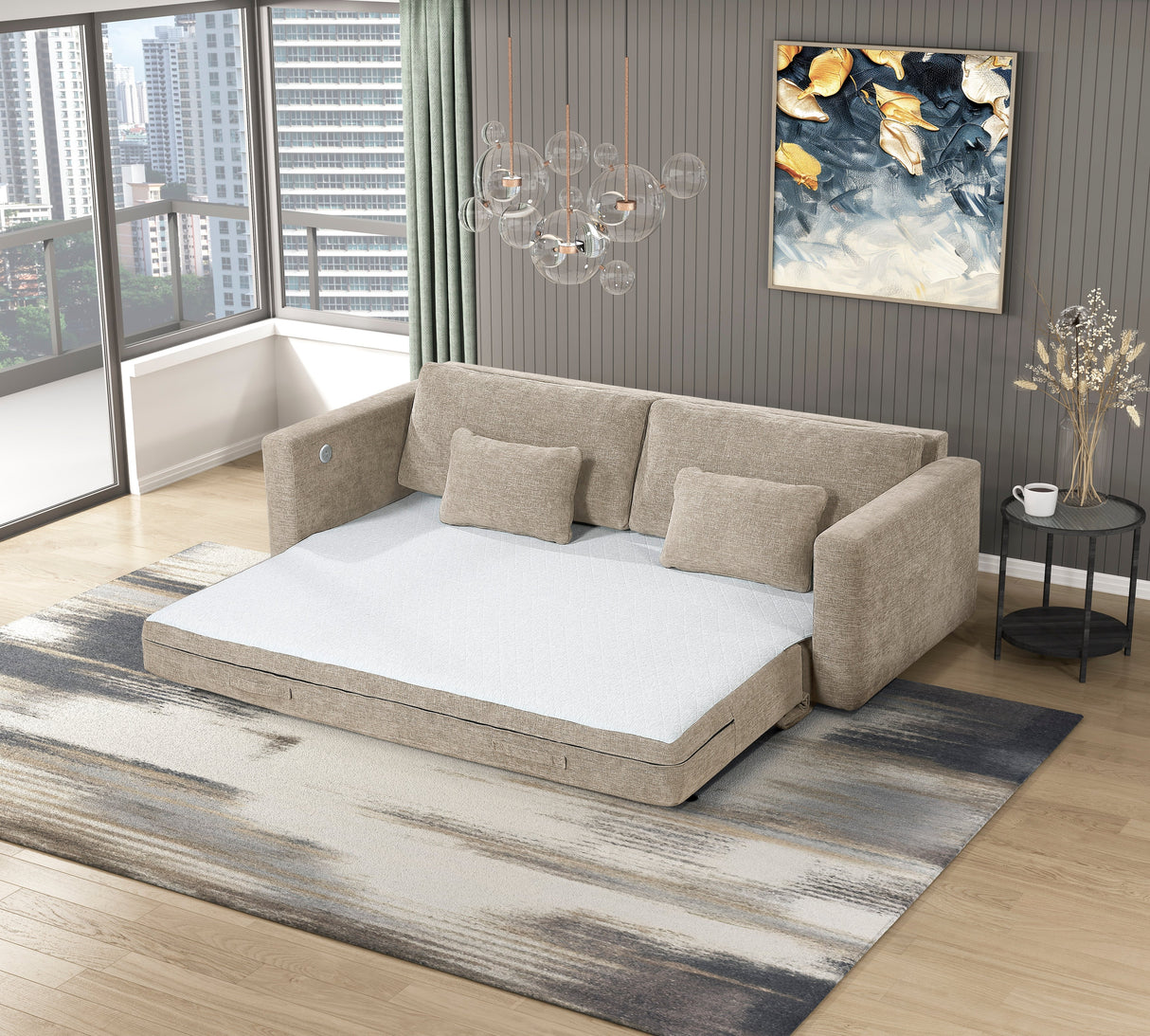 Cumulus Taupe Convertible Queen Sleeper Sofa with Charging Ports by Homelegance at Eve Furniture
