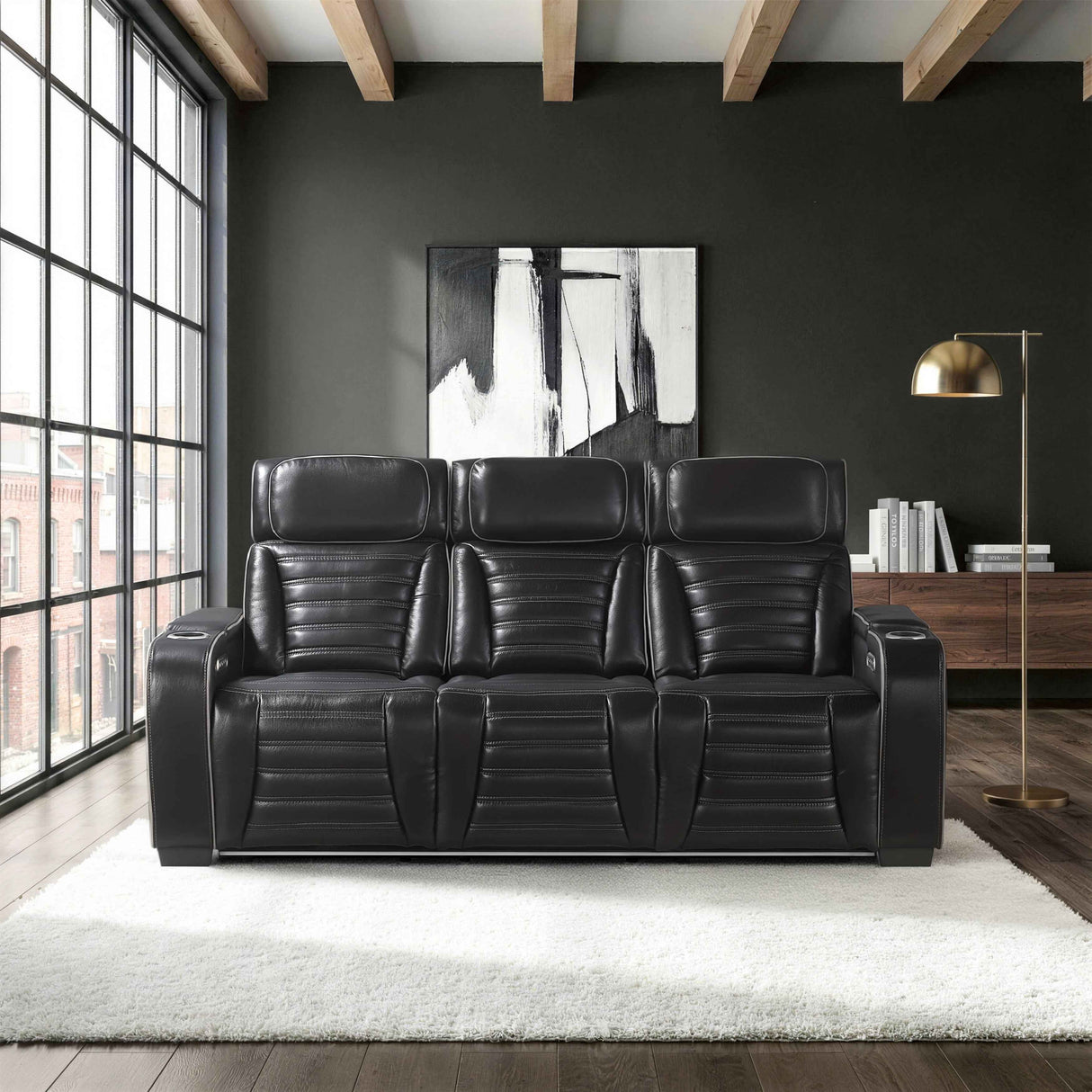 Cyber Black Power Double Reclining Sofa with Center Drop-Down by Homelegance at Eve Furniture