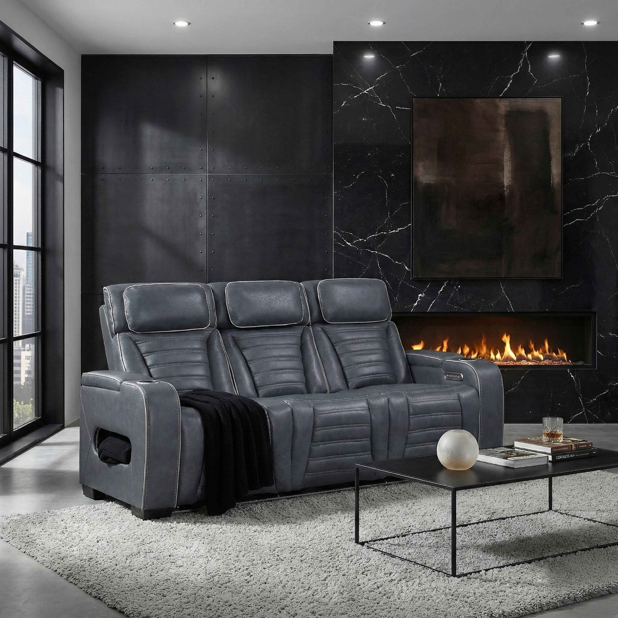 Cyber Blue Power Double Reclining Sofa with Center Drop-Down by Homelegance at Eve Furniture