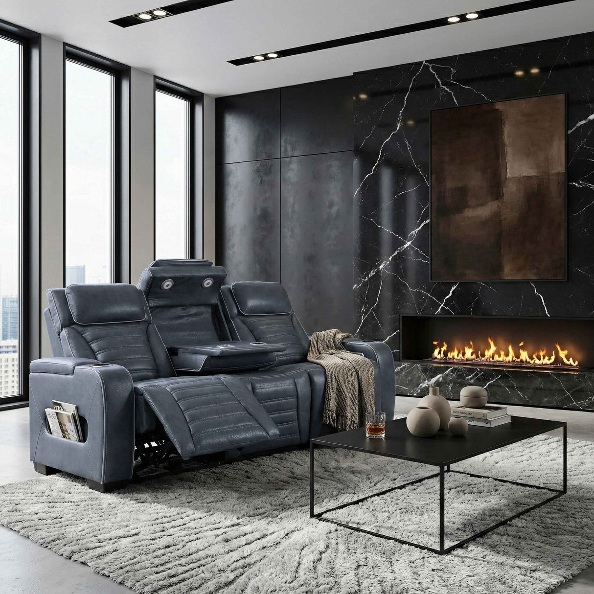 Cyber Blue Power Double Reclining Sofa with Center Drop-Down by Homelegance at Eve Furniture
