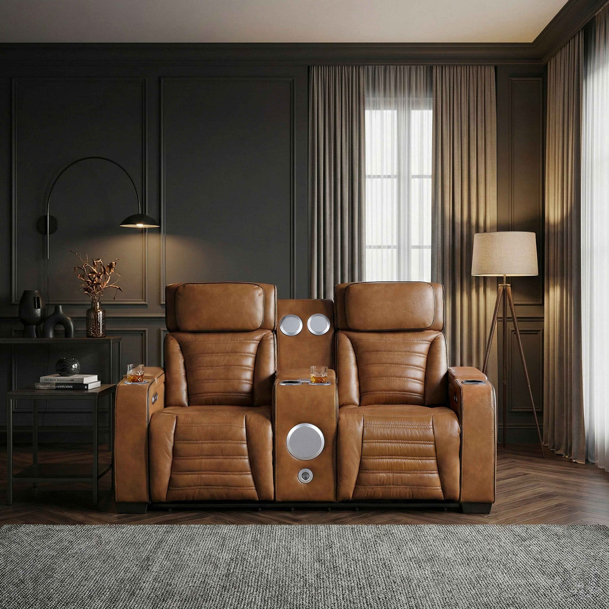 Cyber Brown Power Double Reclining Loveseat with Center Console by Homelegance at Eve Furniture