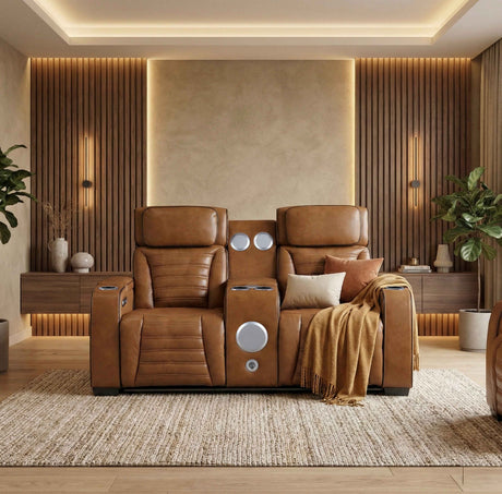 Cyber Brown Power Double Reclining Loveseat with Center Console by Homelegance at Eve Furniture