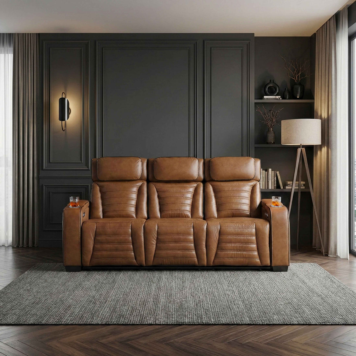 Cyber Brown Power Double Reclining Sofa with Center Console by Homelegance at Eve Furniture