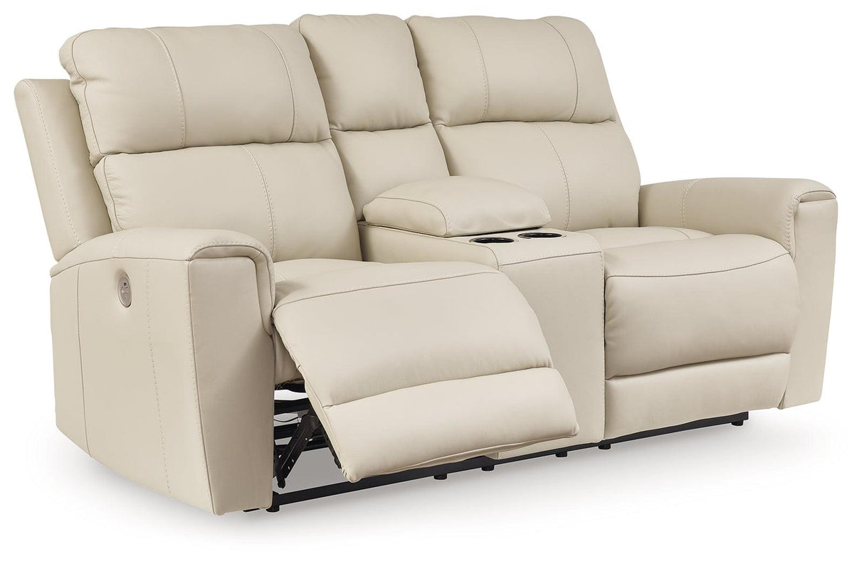 Dahlmoore Almond Power Reclining Loveseat with Console by Ashley at Eve Furniture