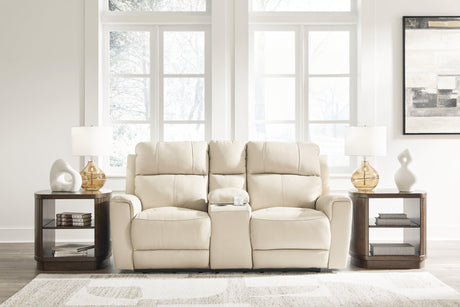 Dahlmoore Almond Power Reclining Loveseat with Console by Ashley at Eve Furniture