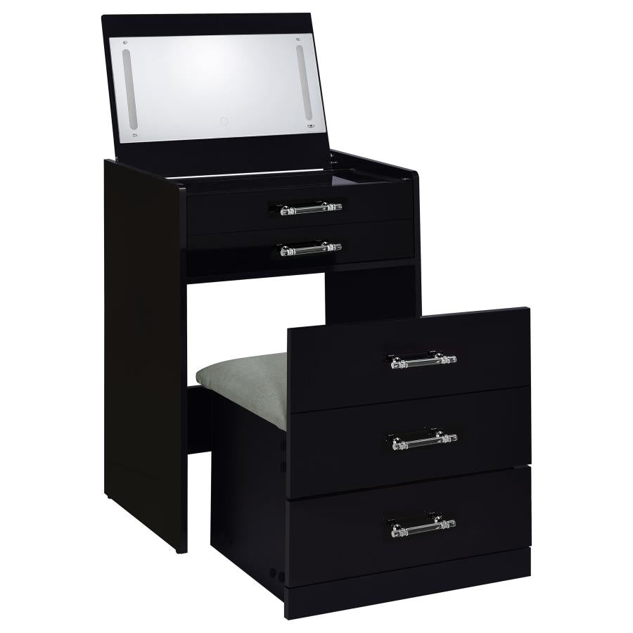 Danbury Black High Gloss 3-drawer Makeup Vanity & Stool Set