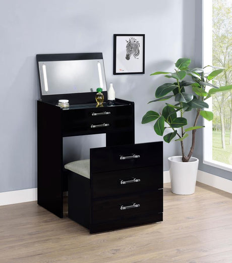 Danbury Black High Gloss 3-drawer Makeup Vanity & Stool Set by Coaster at Eve Furniture