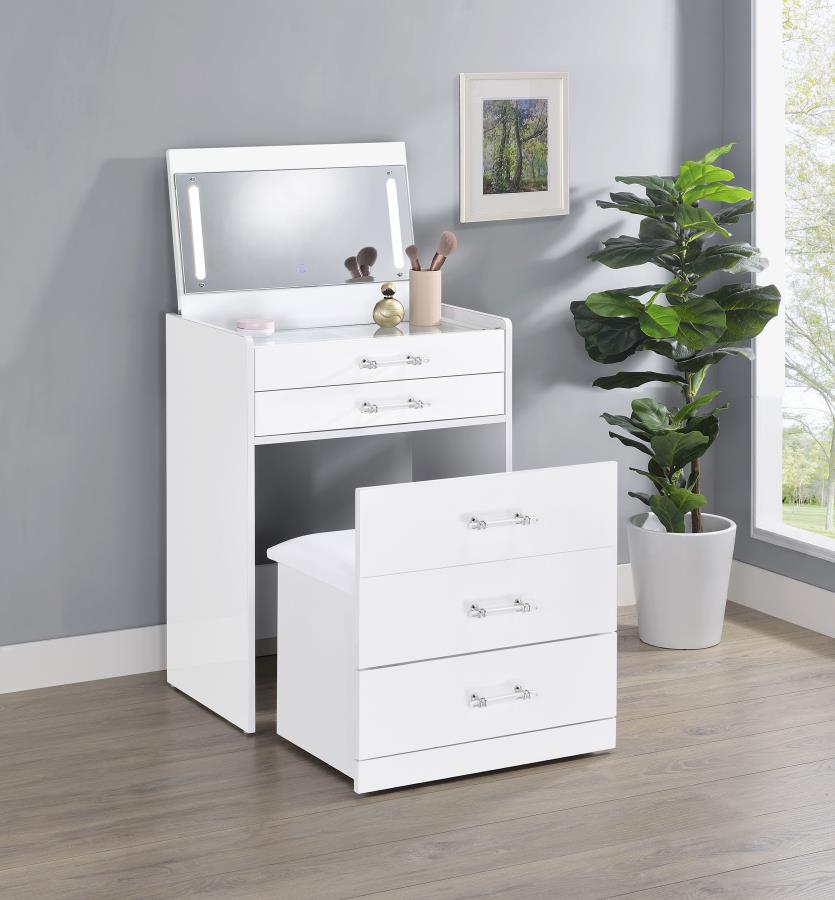 Danbury White High Gloss 3-drawer Makeup Vanity & Stool Set