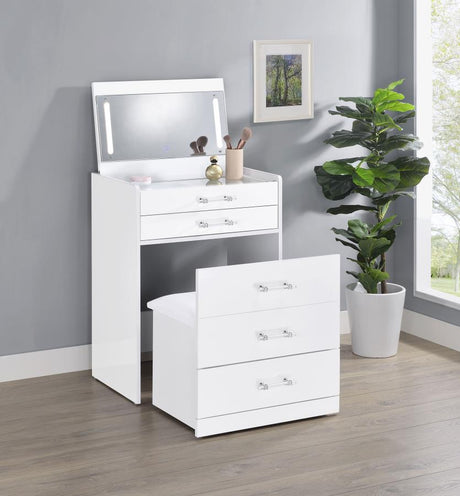 Danbury White High Gloss 3-drawer Makeup Vanity & Stool Set by Coaster at Eve Furniture