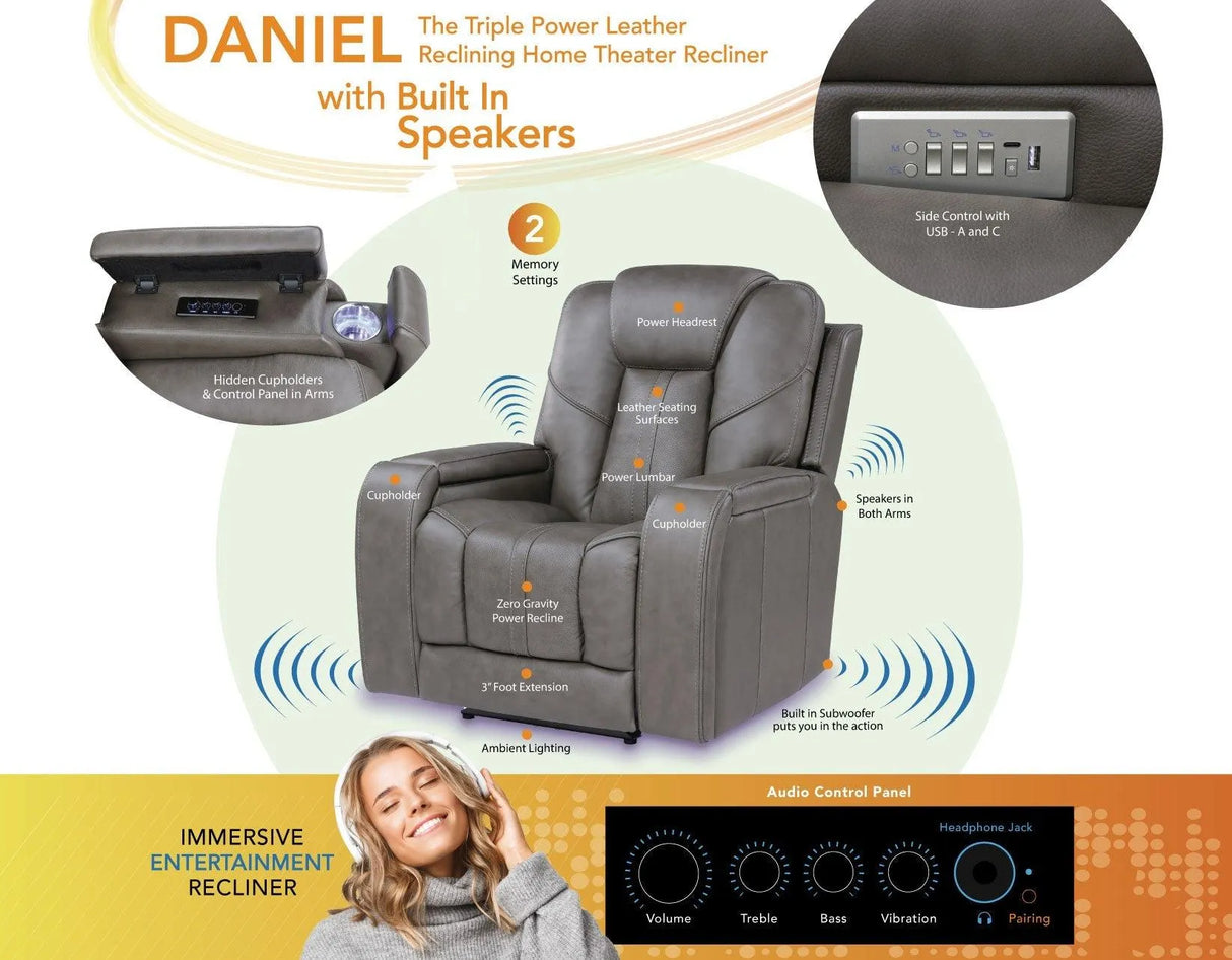 Daniel Triple Power Home Theater Leather Recliner with Built-in Speakers by Steve Silver at Eve Furniture