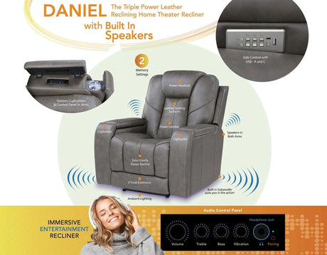 Daniel Triple Power Home Theater Leather Recliner with Built-in Speakers by Steve Silver at Eve Furniture