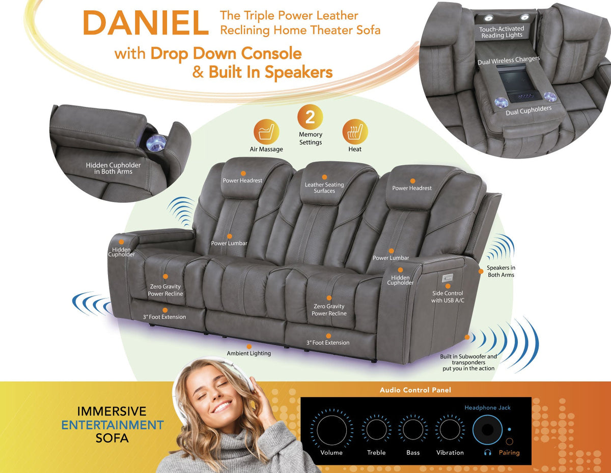 Daniel Triple Power Home Theater Leather Reclining Sofa with Drop-Down Control Console, Built-in Speakers & Vibration, Heat, and Massage by Steve Silver at Eve Furniture
