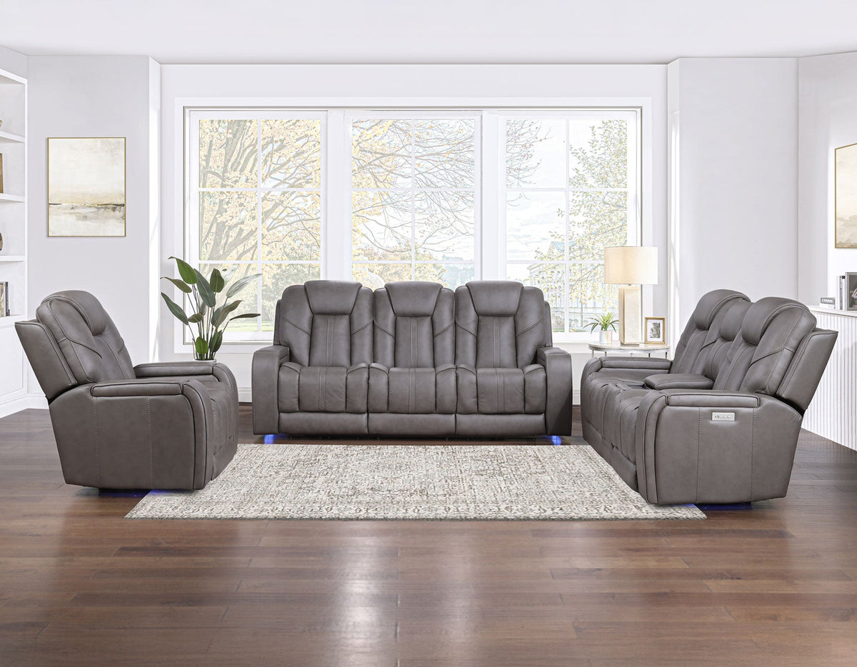 Daniel Triple Power Home Theater Leather Reclining Sofa with Drop-Down Control Console, Built-in Speakers & Vibration, Heat, and Massage by Steve Silver at Eve Furniture