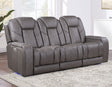 Daniel Triple Power Home Theater Leather Reclining Sofa with Drop-Down Control Console, Built-in Speakers & Vibration, Heat, and Massage by Steve Silver at Eve Furniture