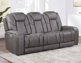 Daniel Triple Power Home Theater Leather Reclining Sofa with Drop-Down Control Console, Built-in Speakers & Vibration, Heat, and Massage by Steve Silver at Eve Furniture