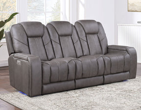 Daniel Triple Power Home Theater Leather Reclining Sofa with Drop-Down Control Console, Built-in Speakers & Vibration, Heat, and Massage by Steve Silver at Eve Furniture
