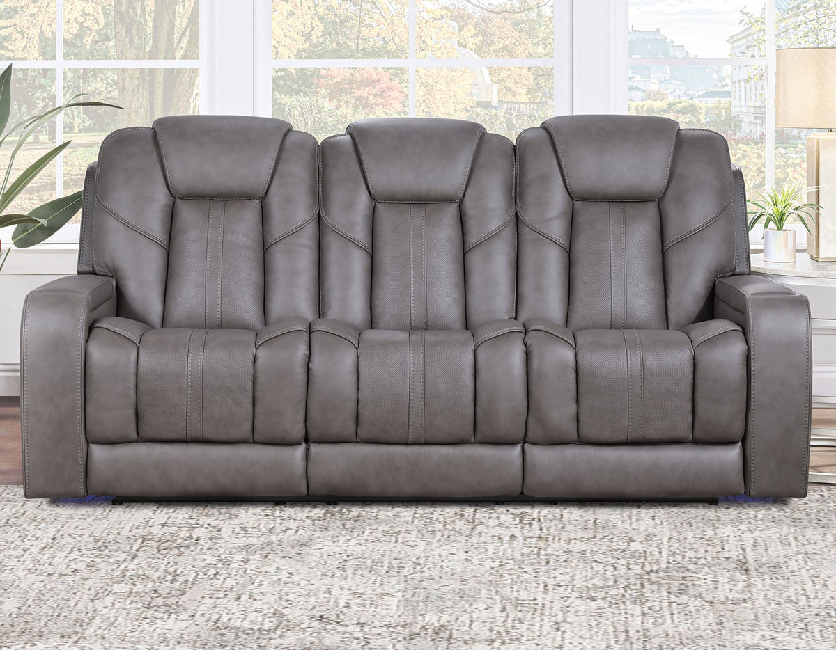 Daniel Triple Power Home Theater Leather Reclining Sofa with Drop-Down Control Console, Built-in Speakers & Vibration, Heat, and Massage by Steve Silver at Eve Furniture