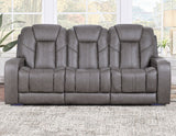 Daniel Triple Power Home Theater Leather Reclining Sofa with Drop-Down Control Console, Built-in Speakers & Vibration, Heat, and Massage by Steve Silver at Eve Furniture