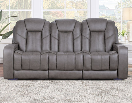 Daniel Triple Power Home Theater Leather Reclining Sofa with Drop-Down Control Console, Built-in Speakers & Vibration, Heat, and Massage by Steve Silver at Eve Furniture
