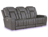 Daniel Triple Power Home Theater Leather Reclining Sofa with Drop-Down Control Console, Built-in Speakers & Vibration, Heat, and Massage by Steve Silver at Eve Furniture