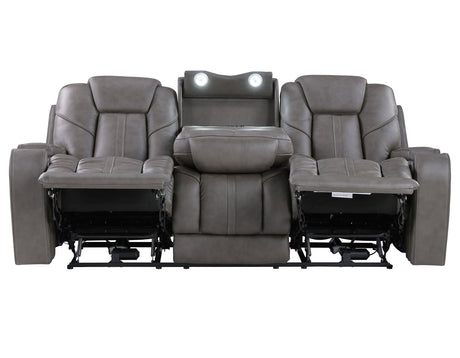 Daniel Triple Power Home Theater Leather Reclining Sofa with Drop-Down Control Console, Built-in Speakers & Vibration, Heat, and Massage by Steve Silver at Eve Furniture