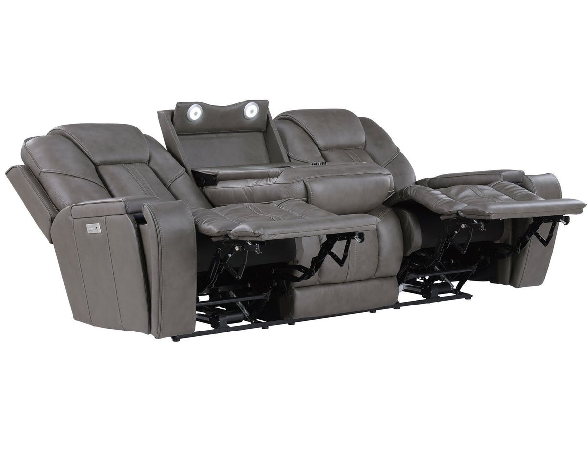 Daniel Triple Power Home Theater Leather Reclining Sofa with Drop-Down Control Console, Built-in Speakers & Vibration, Heat, and Massage by Steve Silver at Eve Furniture
