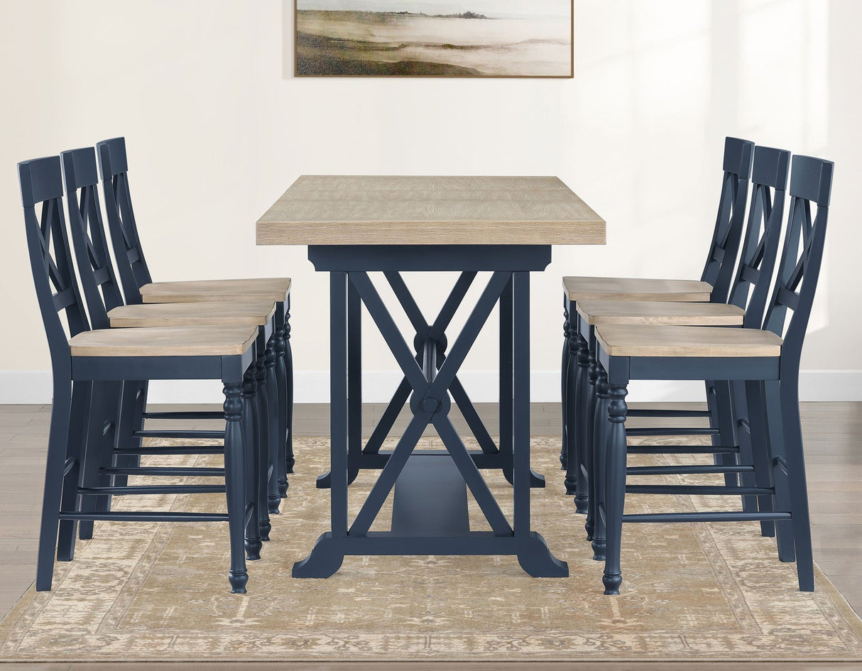 Darcy 64-82″Counter Table with 18-inch leaf, Midnight Blue and Natural Finish by Steve Silver at Eve Furniture