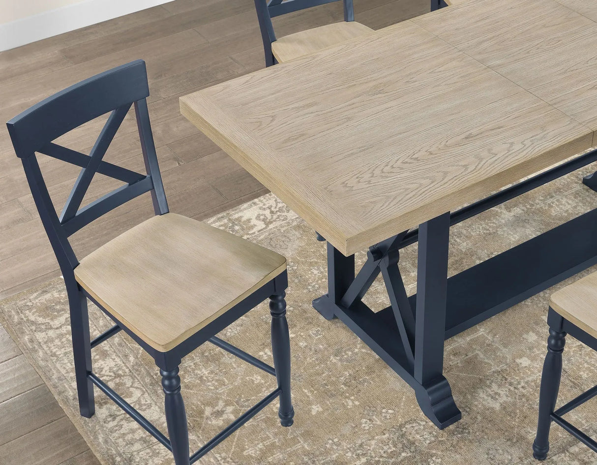 Darcy 64-82″Counter Table with 18-inch leaf, Midnight Blue and Natural Finish by Steve Silver at Eve Furniture
