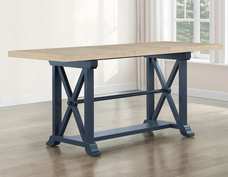 Darcy 64-82″Counter Table with 18-inch leaf, Midnight Blue and Natural Finish by Steve Silver at Eve Furniture