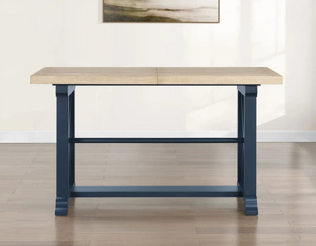 Darcy 64-82″Counter Table with 18-inch leaf, Midnight Blue and Natural Finish by Steve Silver at Eve Furniture