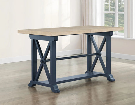 Darcy 64-82″Counter Table with 18-inch leaf, Midnight Blue and Natural Finish by Steve Silver at Eve Furniture