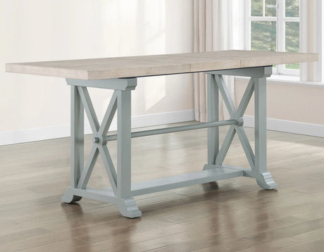 Darcy 64-82″Counter Table with 18-inch leaf, Mint Green and Natural Finish by Steve Silver at Eve Furniture
