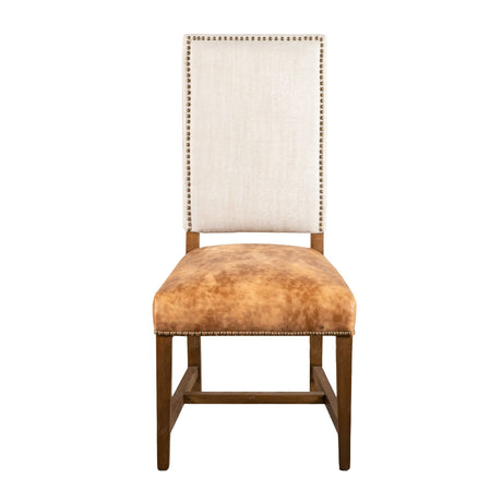 Darcy Dining Chair in Beige Linen and Warm Brown Leather with Earth Legs, Set of 2 by Home Trends & Design at Eve Furniture