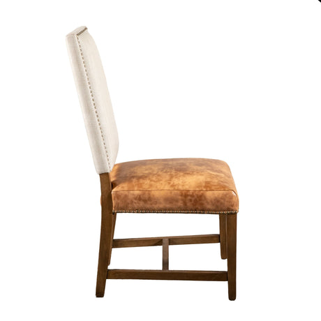 Darcy Dining Chair in Beige Linen and Warm Brown Leather with Earth Legs, Set of 2 by Home Trends & Design at Eve Furniture