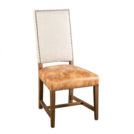 Darcy Dining Chair in Beige Linen and Warm Brown Leather with Earth Legs, Set of 2 by Home Trends & Design at Eve Furniture