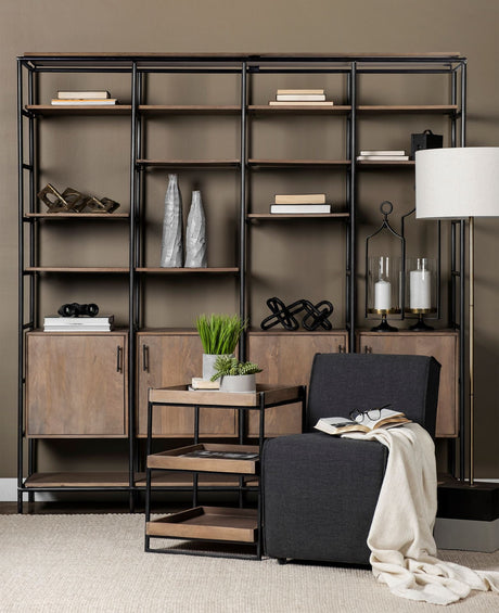 Darius Medium Brown Wood and Metal Multi-Shelf Shelving Unit by Mercana at Eve Furniture