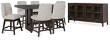 Burkhaus Dark Brown Counter Height Dining Table and 6 Barstools with Server