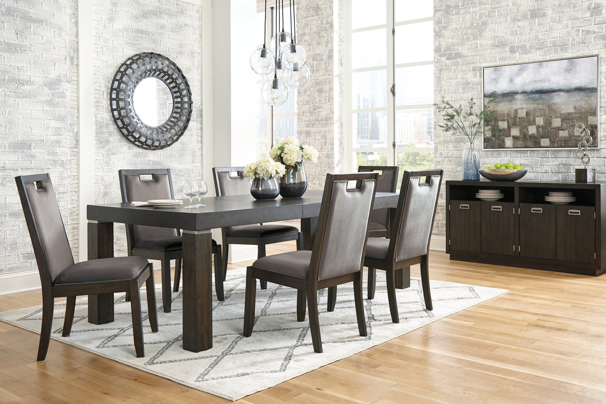 Hyndell Dark Brown Dining Table and 6 Chairs with Server