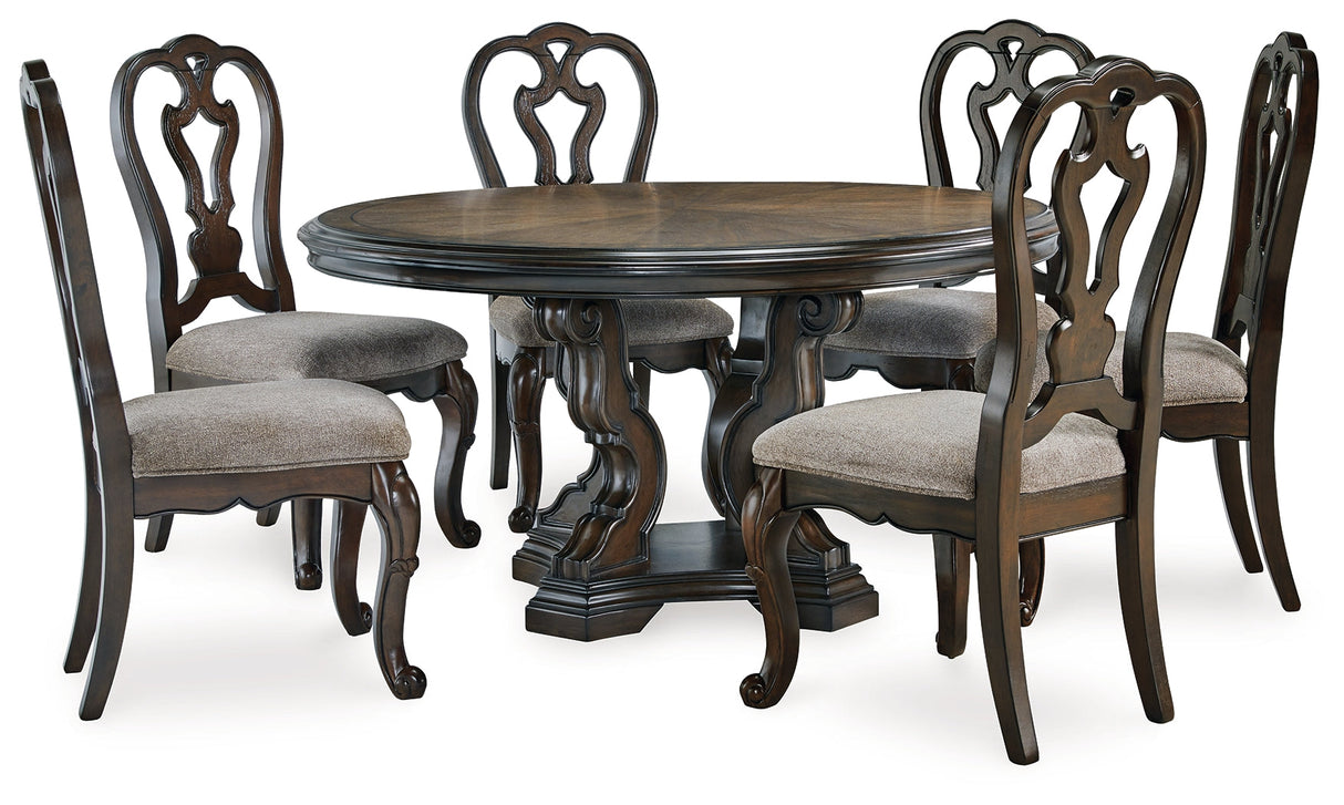 Maylee Dark Brown Dining Table and 6 Chairs with Buffet