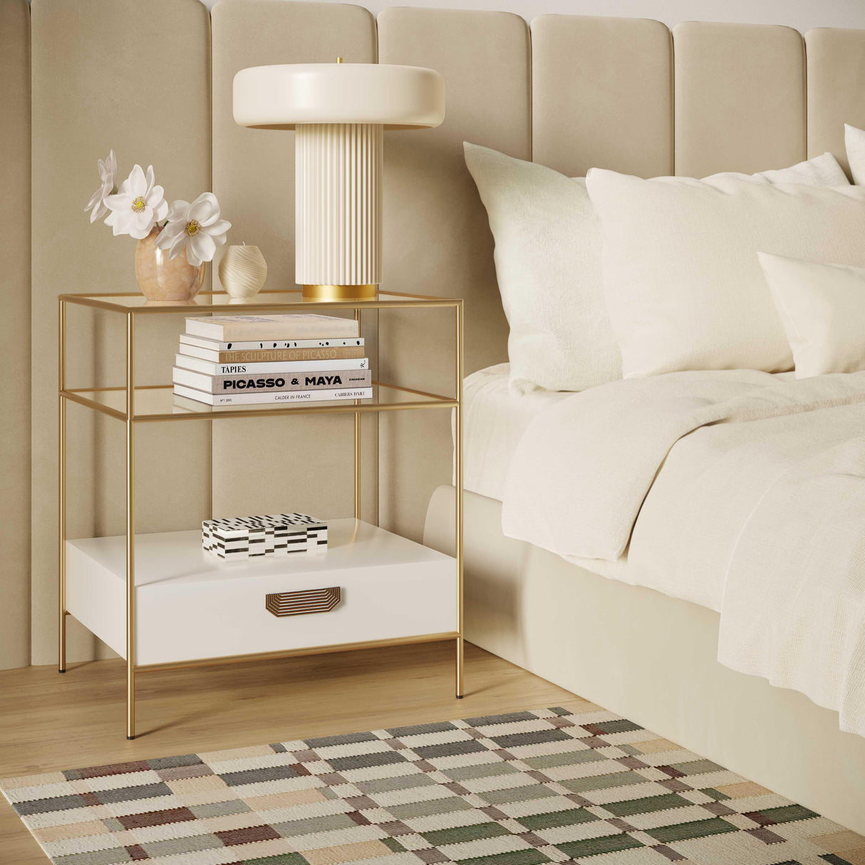 Darla Cream Glass Nightstand by Inspire Me! Home Decor by TOV Furniture at Eve Furniture