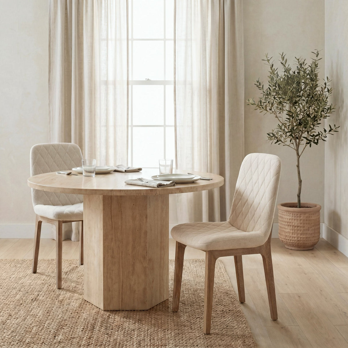 David Diamond Tuffed Cream Fabric Wrap Brown Wood Base Dining Chair, Set of 2 by Mercana at Eve Furniture