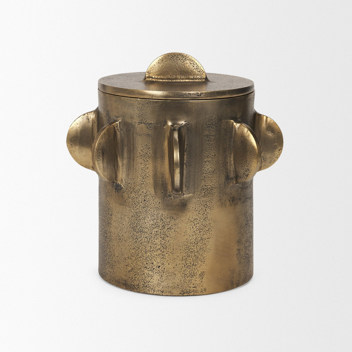 Deacon Large Antiqued Gold Metal Canister with Sculptural Handles by Mercana at Eve Furniture