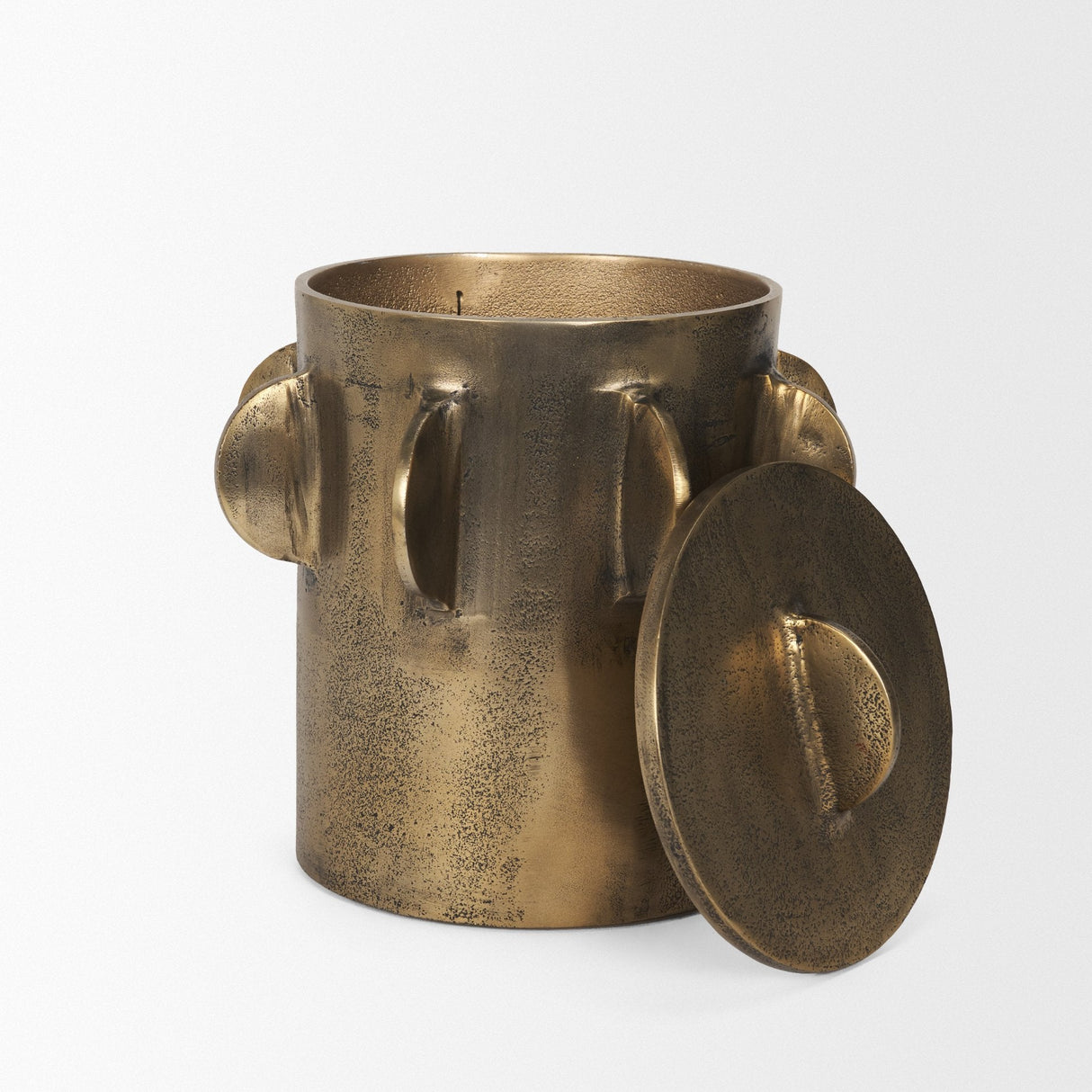 Deacon Large Antiqued Gold Metal Canister with Sculptural Handles by Mercana at Eve Furniture