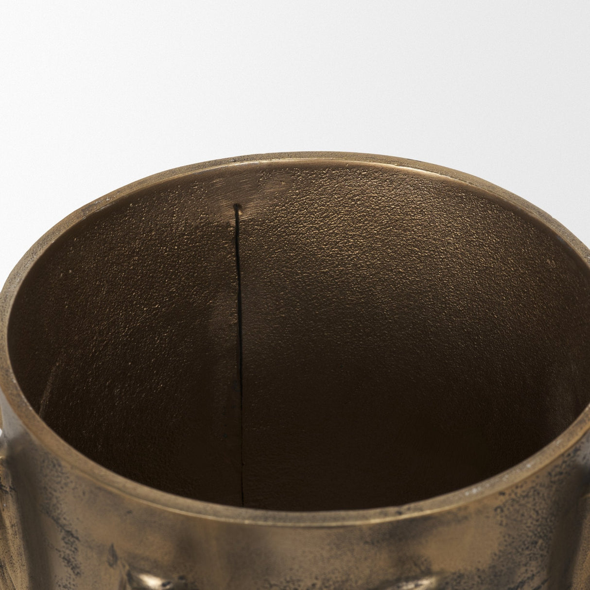 Deacon Large Antiqued Gold Metal Canister with Sculptural Handles by Mercana at Eve Furniture