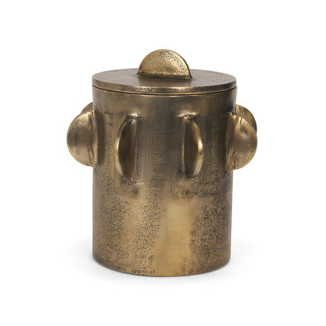 Deacon Large Antiqued Gold Metal Canister with Sculptural Handles by Mercana at Eve Furniture