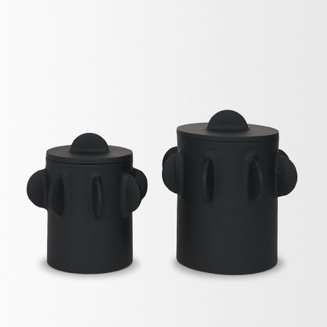 Deacon Large Matte Black Metal Canister with Sculptural Handles by Mercana at Eve Furniture